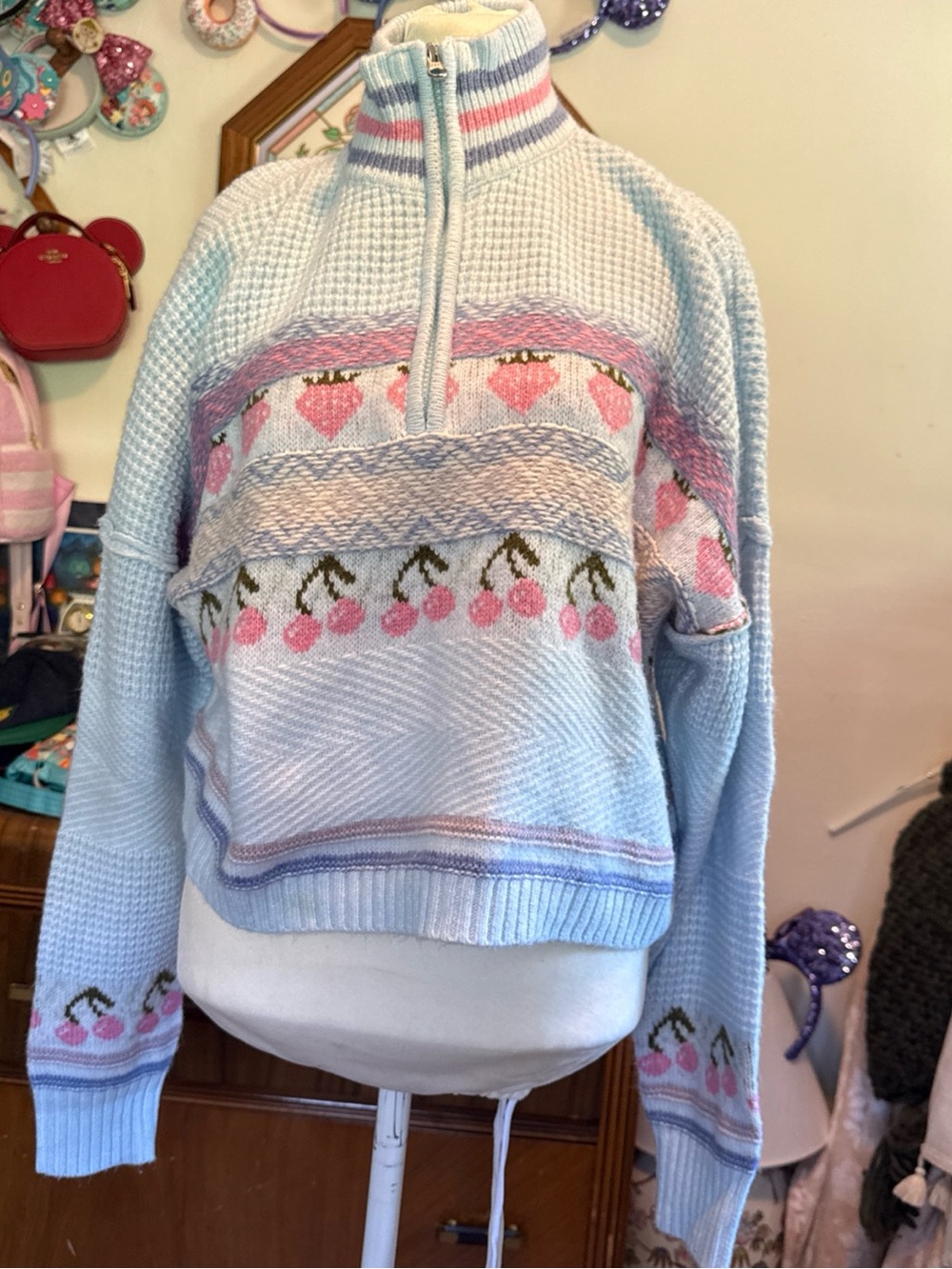Sugar Moon Light Blue Knit Top cherries 3/5 zip crop xl